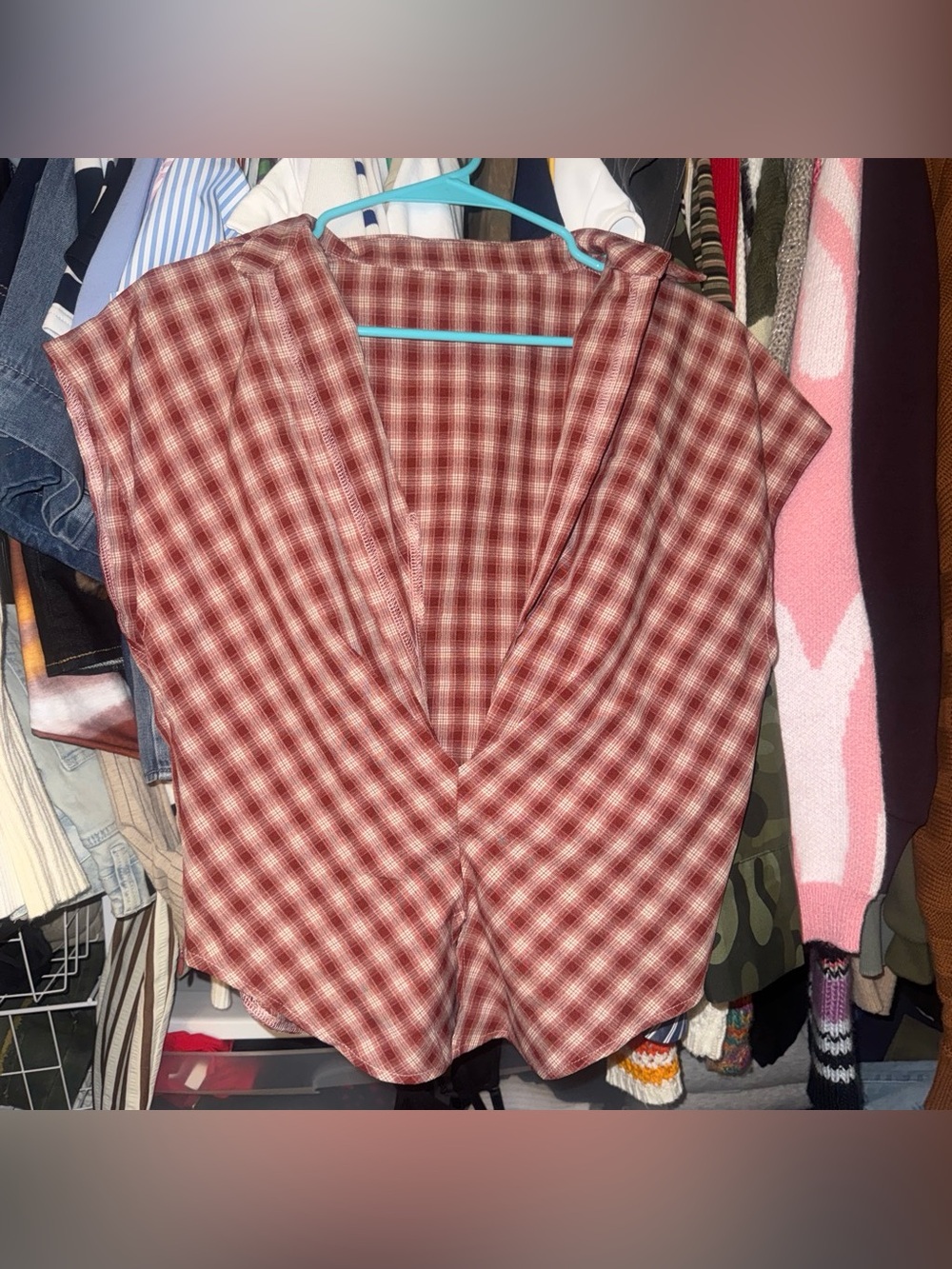 SHEIN Red Plaid Deep V Cap Sleeve Blouse